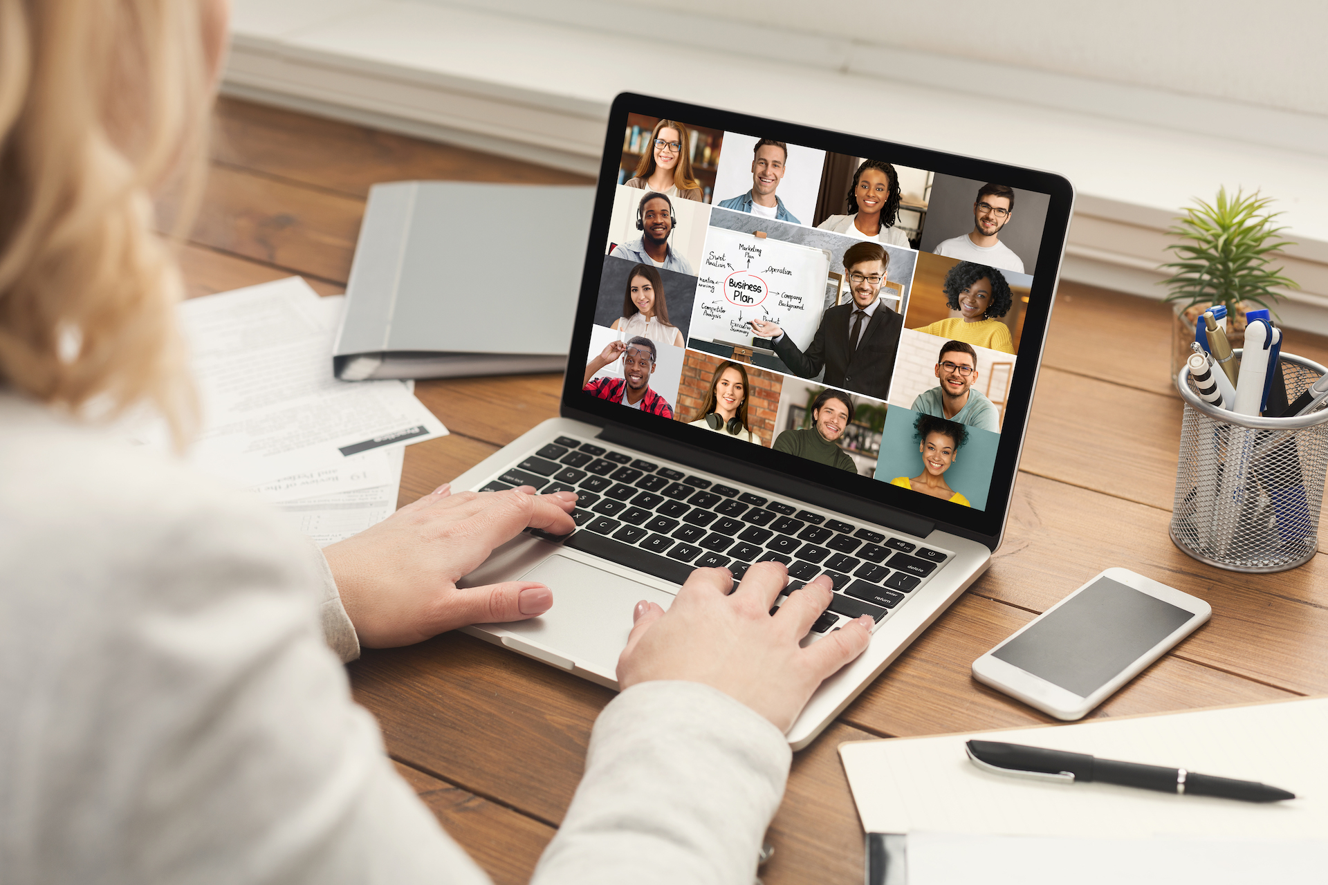 Online Business Training. Unrecognizable Woman Having Video Conference With Colleagues On Laptop, Making Virtual Meeting With Multiethnic Team, Discussing Working Plan And Strategy, Creative Collage